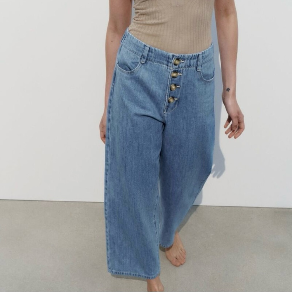 Zara Womens High Rise Exposed Button Culotte Wide Leg Jeans